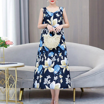 2023 Women Plus Size Boho Dress Long Maxi Sundress Party Dress Elegant Vestidos Print O-neck High Waist Sleeveless - Samag Shop