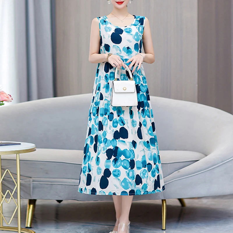 2023 Women Plus Size Boho Dress Long Maxi Sundress Party Dress Elegant Vestidos Print O-neck High Waist Sleeveless - Samag Shop