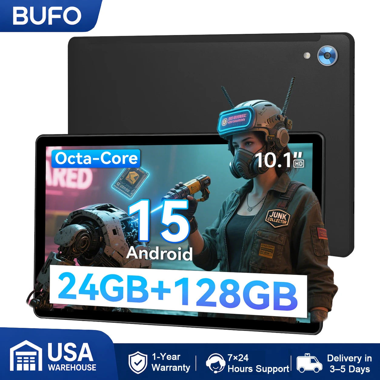 BUFO C107 10.1 Inch A523 Octa Core Tablet 24GB RAM 128GB ROM Android 15 1280*800 LCD Screen 5000mAh Battery Dual Camera TF Card 1TB Expand Type-C Charging Portable Tablet for Study Entertainment Black Gray