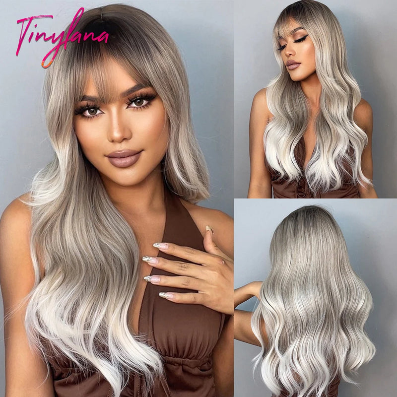 TINY LANA Natural Black Long Wavy Synthetic Wig with Bangs for Women Body Wave Dark Brown Wigs Cosplay Daily Hair Heat Resistant