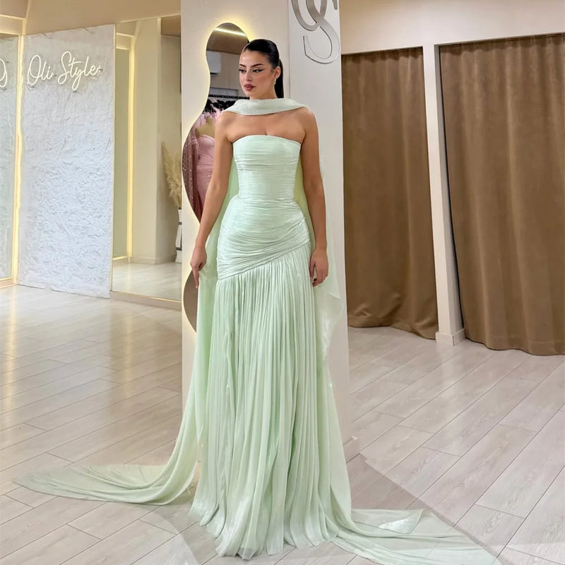 Sansa Customized Light Sage Green Tube Top Pleated Formal | SAMAG