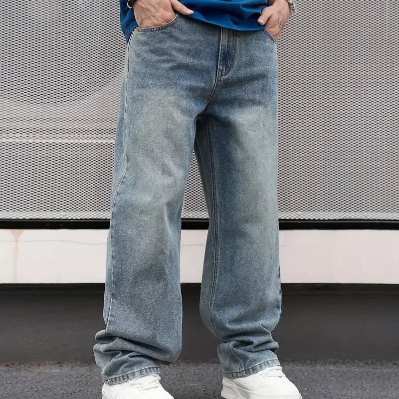 Men'S Casual Straight Wash Jeans - Light Blue, Loose Fit | SAMAG