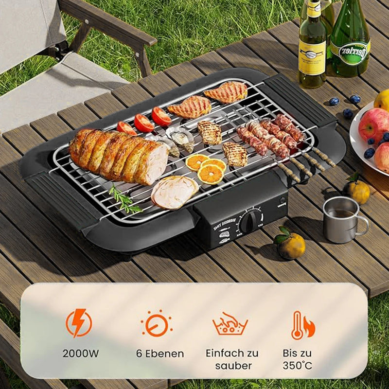 Indoor/Outdoor Electric Grill,2000W 6-Level Adjustable Temp Portable Tabletop BBQ,Stainless Steel Fast Heating for Camping Party