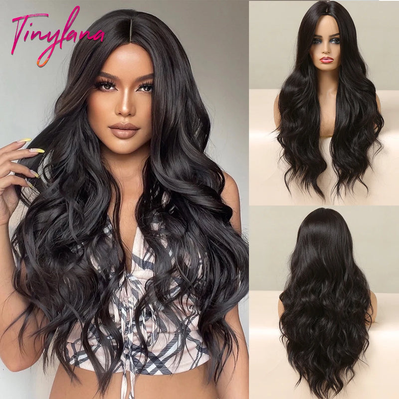 TINY LANA Natural Black Long Wavy Synthetic Wig with Bangs for Women Body Wave Dark Brown Wigs Cosplay Daily Hair Heat Resistant