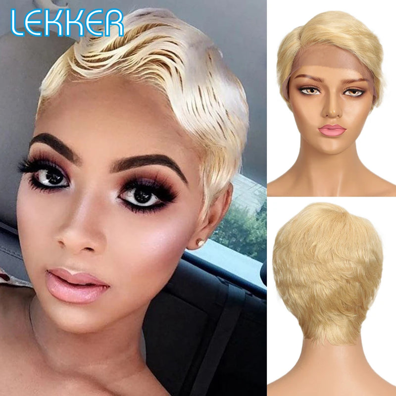 Lekker Black Short Pixie Cut 13X1 C Part Lace Front 100% Human Hair Wigs For Women Glueless Brazilian Remy Hair Straight Wigs