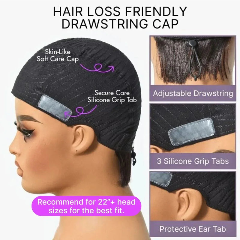 Human Hair Glueless Wigs Pixie Cut Short Wigs with Bangs Ultra Soft&Comfortable Cotton Cap Hair Trouble Friendly Wigs