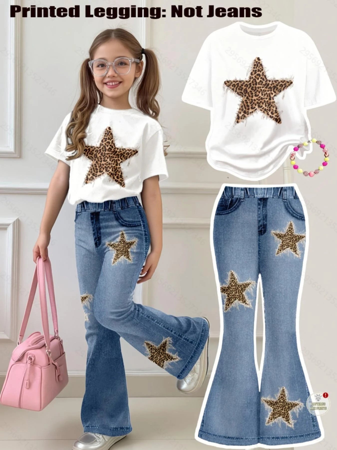 Girls' Two-Piece Casual Set: Short-Sleeve Crewneck T-Shirt and Flared Pants—Featuring Retro Leopard Print and Star Patterns for