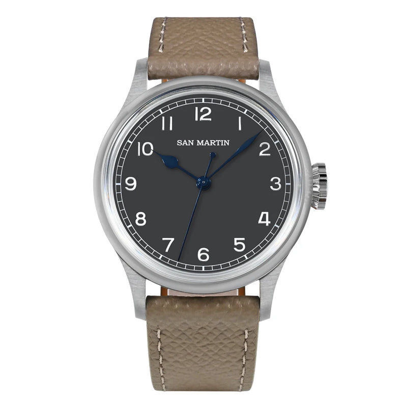 San Martin 38.5mm Men's Mechanical Watch NH35 Vintage Pilot Simple Fashion Wristwatch Baked Varnish Blue Hands 10 Bar Clock
