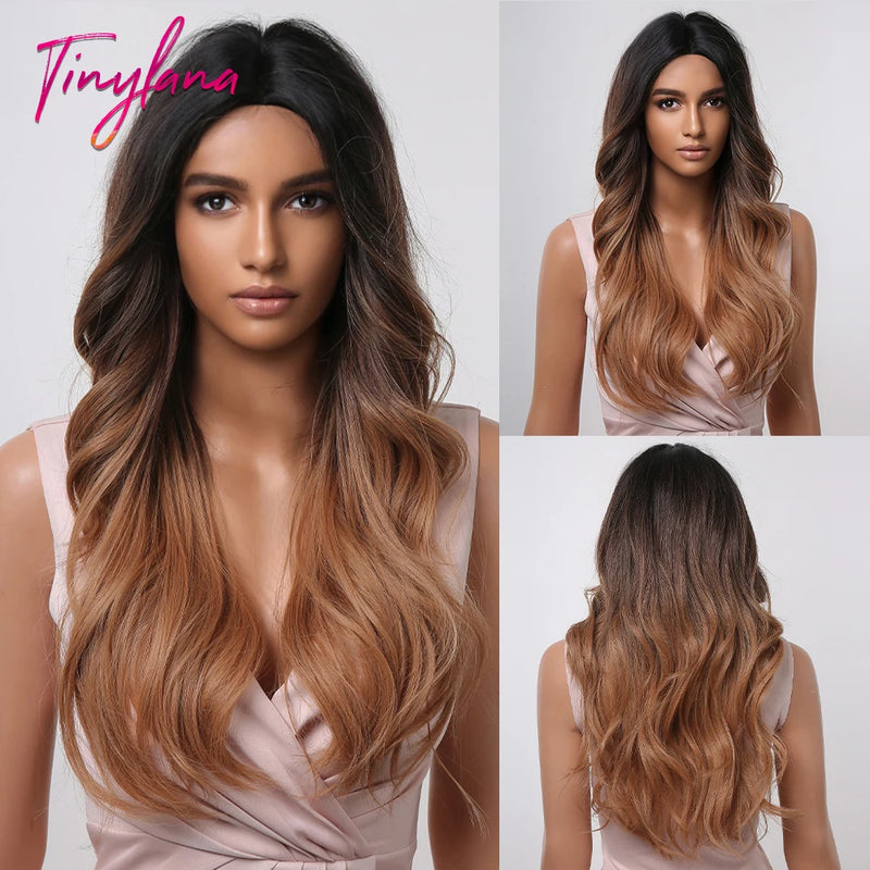 TINY LANA Natural Black Long Wavy Synthetic Wig with Bangs for Women Body Wave Dark Brown Wigs Cosplay Daily Hair Heat Resistant