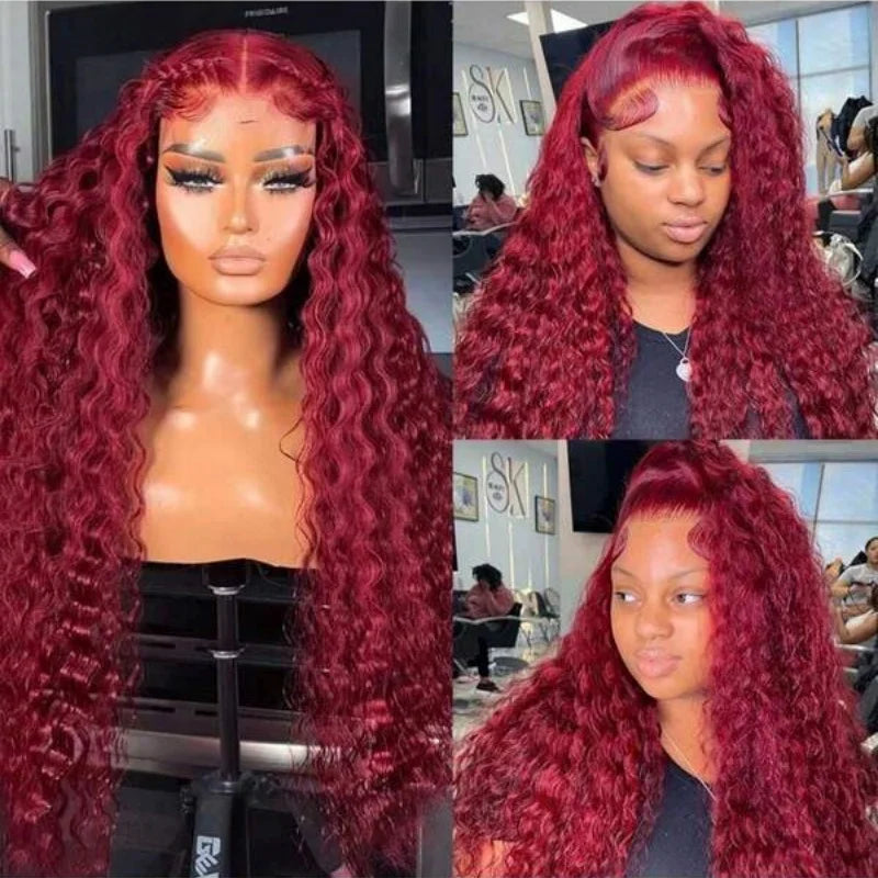 34 Inch Burgundy Wig Human Hair 99J Burgundy 13x4 Deep Wave Lace Front Wigs Human Hair Pre Plucked 250 Density HD Transparent Lace Frontal Wigs Red Colored Human Hair Wigs For Women