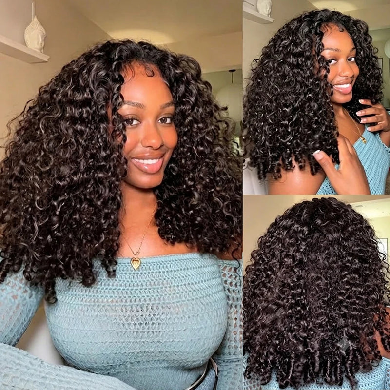 300 Density Burmese Curly Half Wig 100% Human Hair Glueless Ready to Wear Seamless Clip Ins 3 IN 1 Half Wig With Drawstring