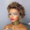 Highlight Curly Pixie Cut Wig 13x4 Lace Frontal Human Hair Wigs P4/27 Lace Frontal Short Pixie Bob Wig 100% Human Hair For Women