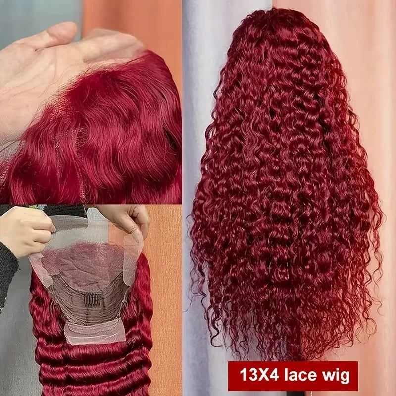 34 Inch Burgundy Wig Human Hair 99J Burgundy 13x4 Deep Wave Lace Front Wigs Human Hair Pre Plucked 250 Density HD Transparent Lace Frontal Wigs Red Colored Human Hair Wigs For Women