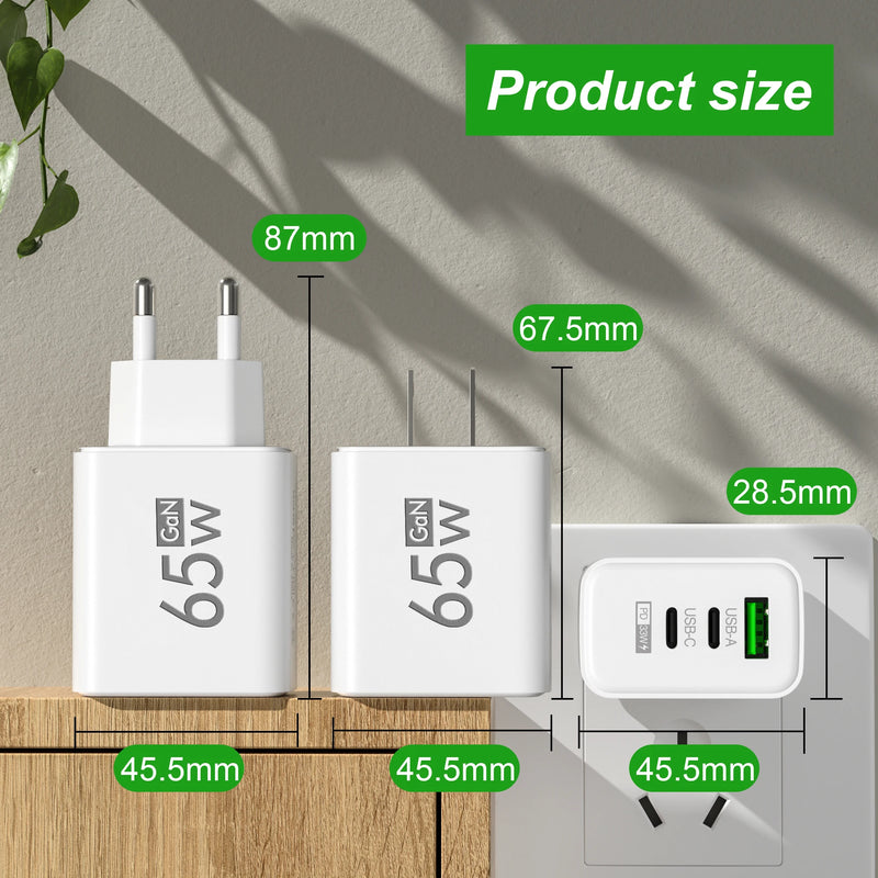 65W USB C GaN Charger 3 Ports Fast Charging Adapter 10A USB To Type C Data Cable PD USB QC3.0 Chargers for iPhone Samsung Xiaomi