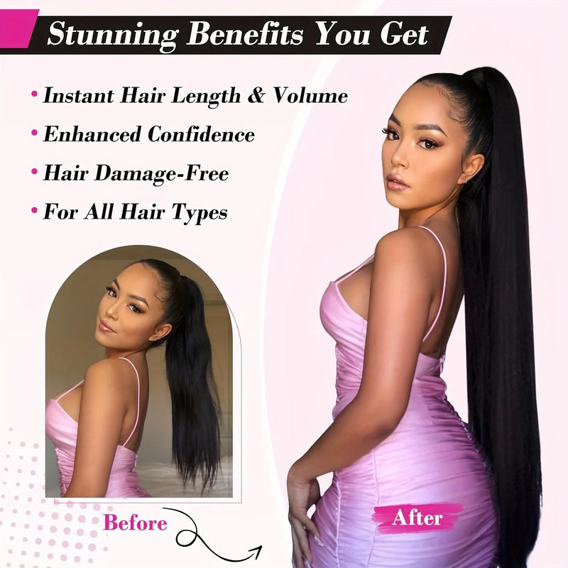 Straight Ponytail 100% Real Human Hair Drawstring Ponytail Clip In Hair Extensions Brazilian Virgin Natural Black Clips Ponytail