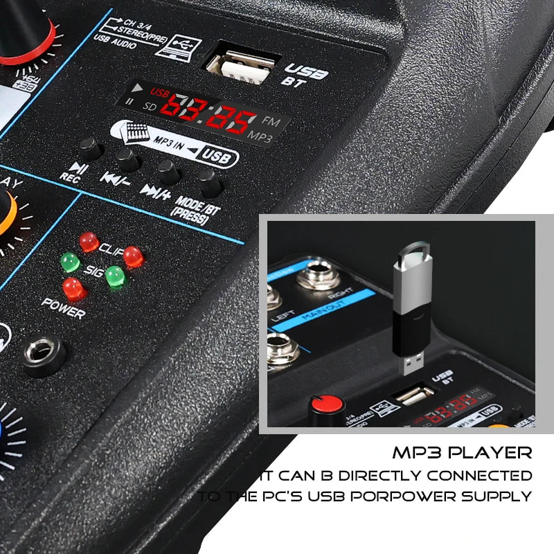 4-Channel Small Audio Mixer with Bluetooth, Usb, Mp3, 48V Phantom Power, for Mobile Phone and Computer Live Streaming, K-Song Mixer