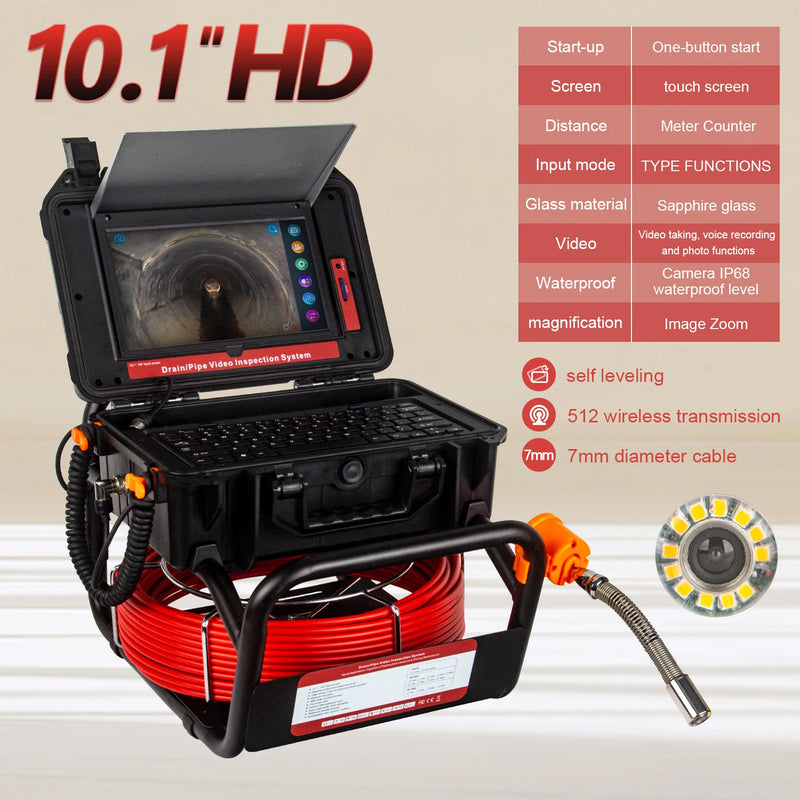 Sewer Pipe Inspection Camera 10.1"HD1080P Touch Screen,SYANSPAN Industrial Endoscope 512Hz Sonde+Locator/Receiver+Self-leveling