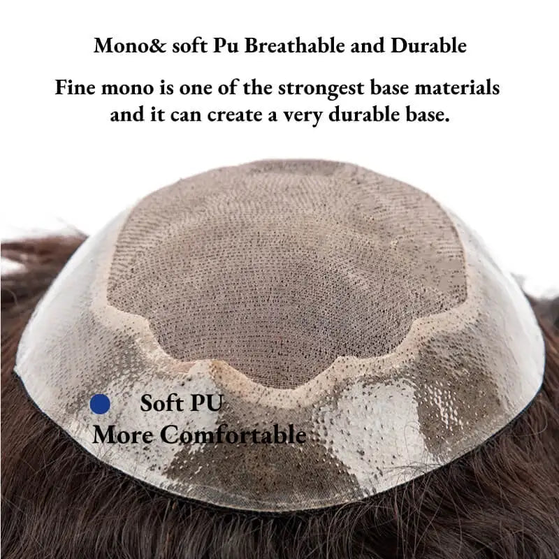 Male Hair Prosthesis Toupee Men Mono& Soft Pu Durable Men Wigs 6" Replacement Exhuast Systemes Unit 100% Human Hair Male Wig