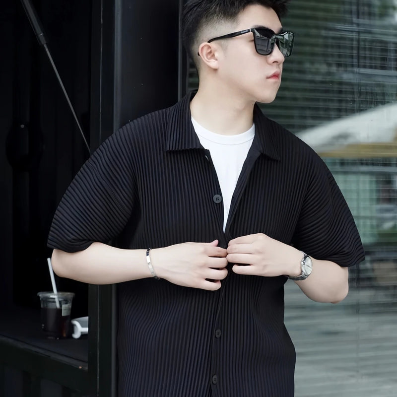 Miyake Pleated Short Sleeve Shirt Casual Solid Color | SAMAG
