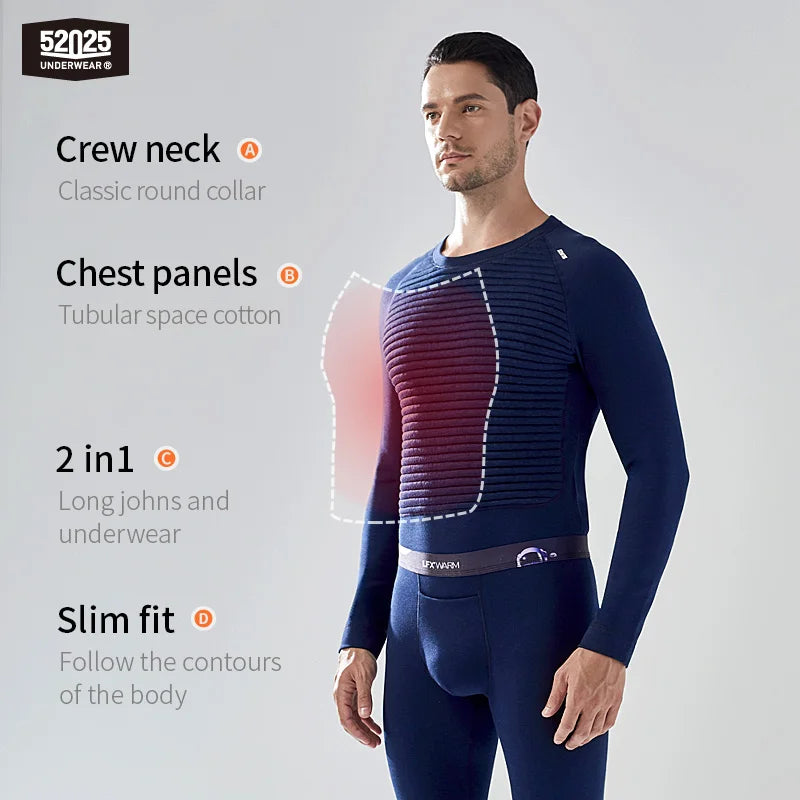52025 Men's Warm Cotton Thermal Underwear Set – Multilayer Soft Cotton Long Johns for Ultimate Winter Comfort. Maximum Warmth
