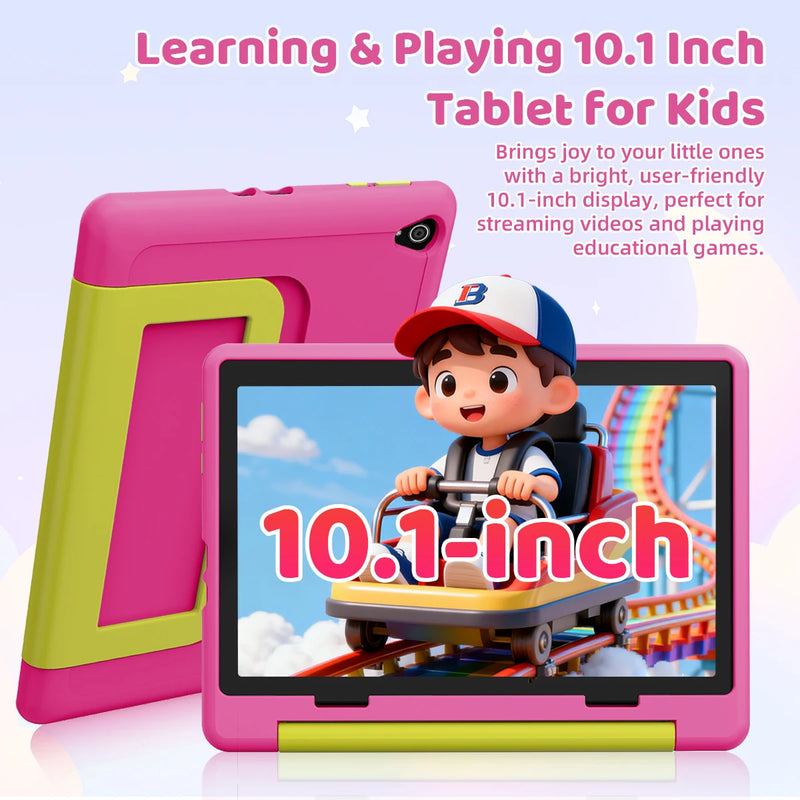 BUFO KT1028 10.1 Inch Kids Tablet A333 Five Core 20GB(3+17G) RAM 64GB ROM Android 16 1280*800 HD LCD Eye Protection Screen 5000mAh Battery Parental Control Dual Camera TF Card Up to 1TB Children Tablet PC