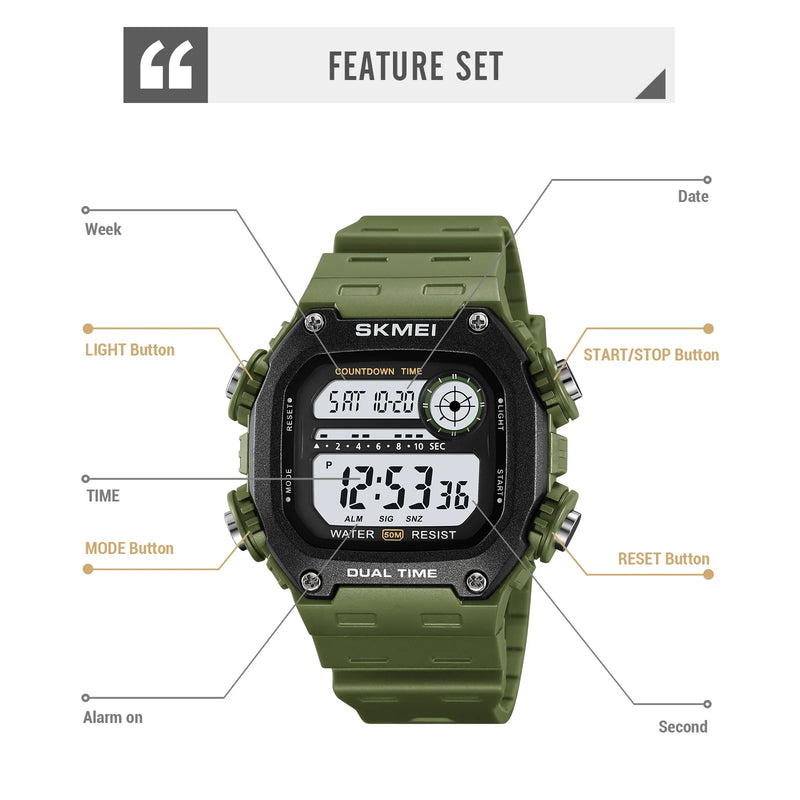 SKMEI Outdoor Digital Sports Electronic Watches For Men Fashion 5Bar Waterproof Stopwatch Wristwatches Alarm Clock Reloj Hombre