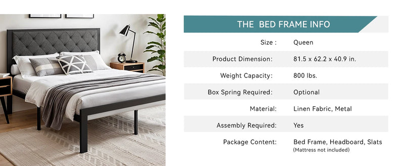 HOOMIC Metal Bed Frame with Upholstered Finely Stitched Headboard, Linen Fabric, Sturdy Foundation, No Box Spring Needed