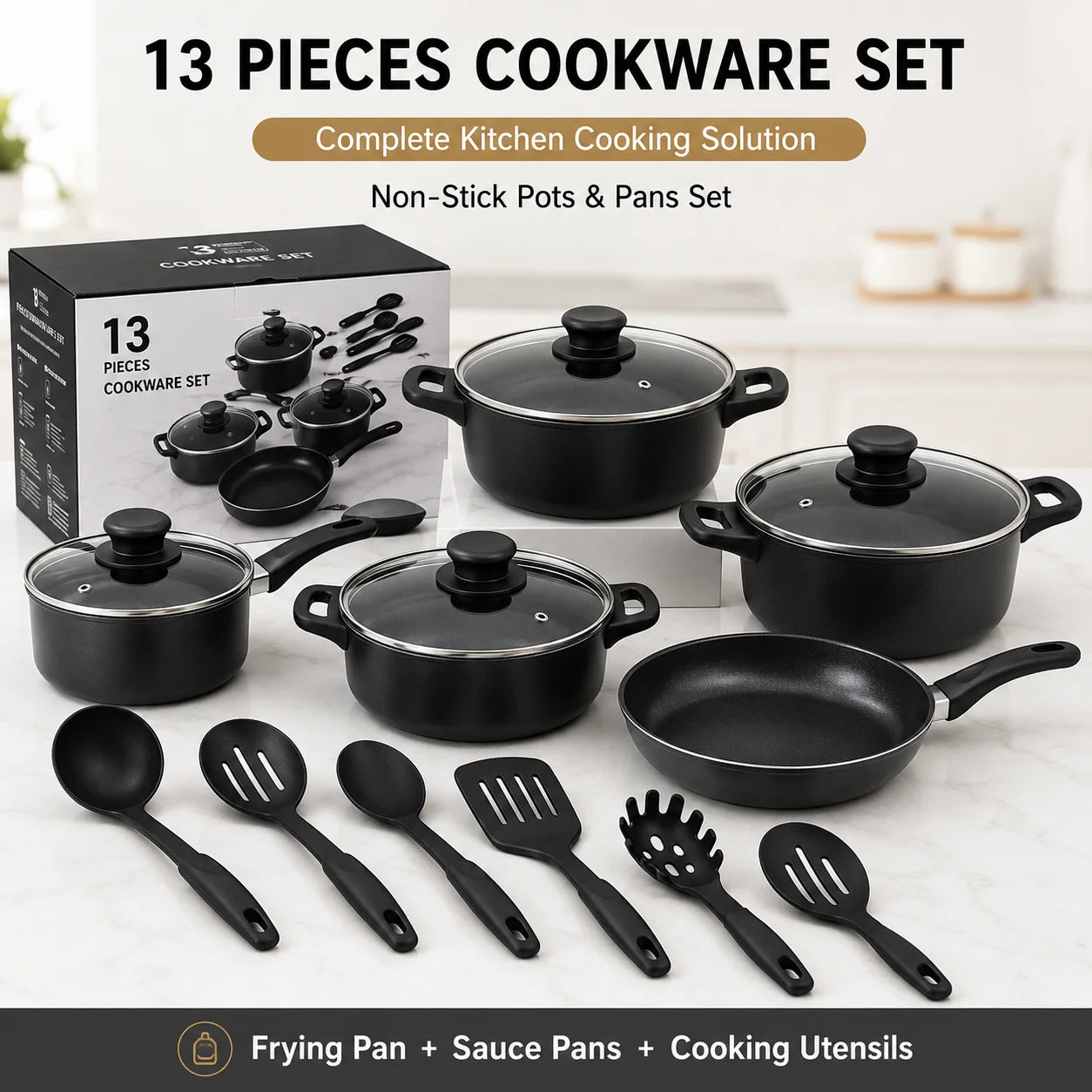 13-Piece Cookware Set, Non-Stick Stone Coating Kitchen Pots and Pans Set, Stainless Steel Handle Glass Lids, Soup Pot Frying Pan Milk Pot, Korean Style Cookware