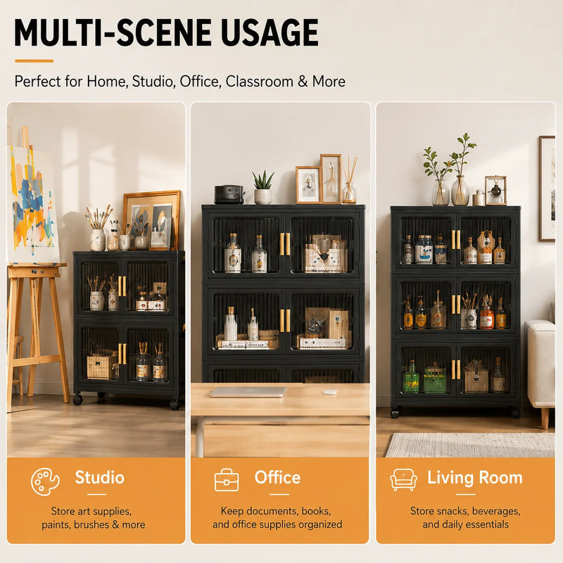 2/3/4/5-tier modular foldable stackable storage cabinets, no-assembly foldable storage boxes with vertical transparent double doors and gold handles, 360° swivel casters, perfect for office, living room, studio, classroom, g