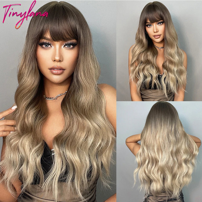 TINY LANA Natural Black Long Wavy Synthetic Wig with Bangs for Women Body Wave Dark Brown Wigs Cosplay Daily Hair Heat Resistant