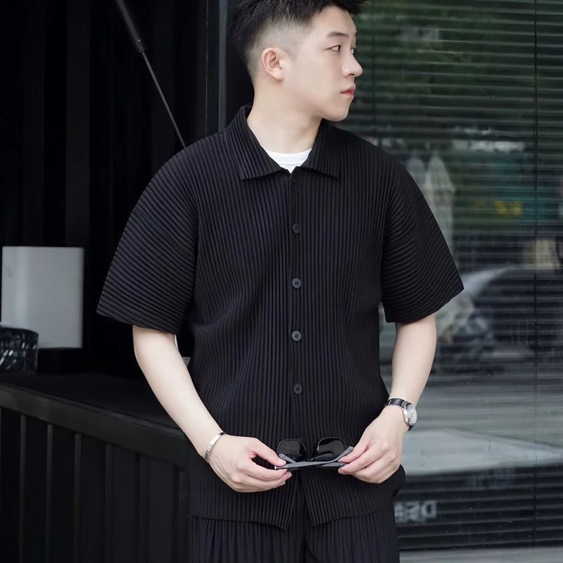 Miyake Pleated Short Sleeve Shirt Casual Solid Color | SAMAG