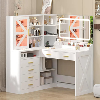 L-Shaped Corner Vanity Desk with LED Lighted Mirror | SAMAG