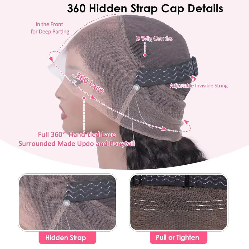 360 Lace Front Wigs Human Hair with Drawstring Pre Plucked Hidden Strap 360 HD Full Lace Body Wave Frontal Wig Glueless Wigs