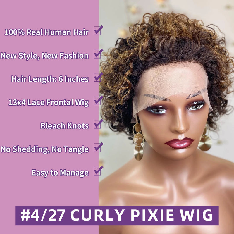 Highlight Curly Pixie Cut Wig 13x4 Lace Frontal Human Hair Wigs P4/27 Lace Frontal Short Pixie Bob Wig 100% Human Hair For Women