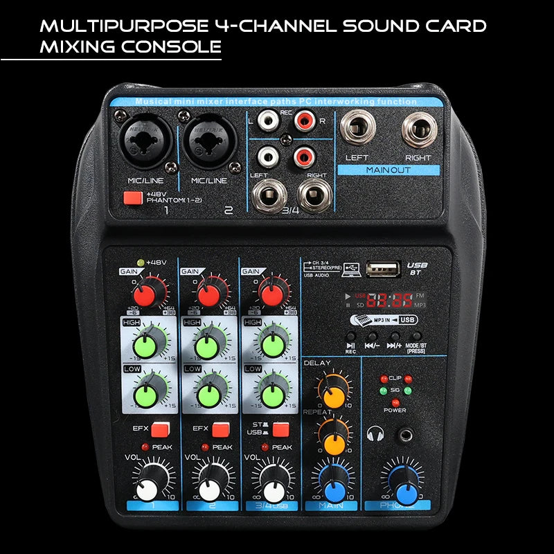 4-Channel Small Audio Mixer with Bluetooth, Usb, Mp3, 48V Phantom Power, for Mobile Phone and Computer Live Streaming, K-Song Mixer