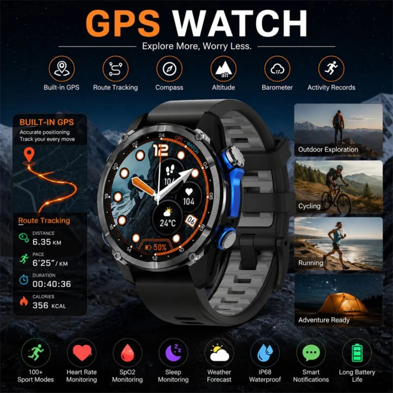 HD350 Pro Men Smart Watch AMOLDE GPS Track Offline Map 4GB Memory Recorder Flashlight Outdoor Sport Barometer Altitude Compass