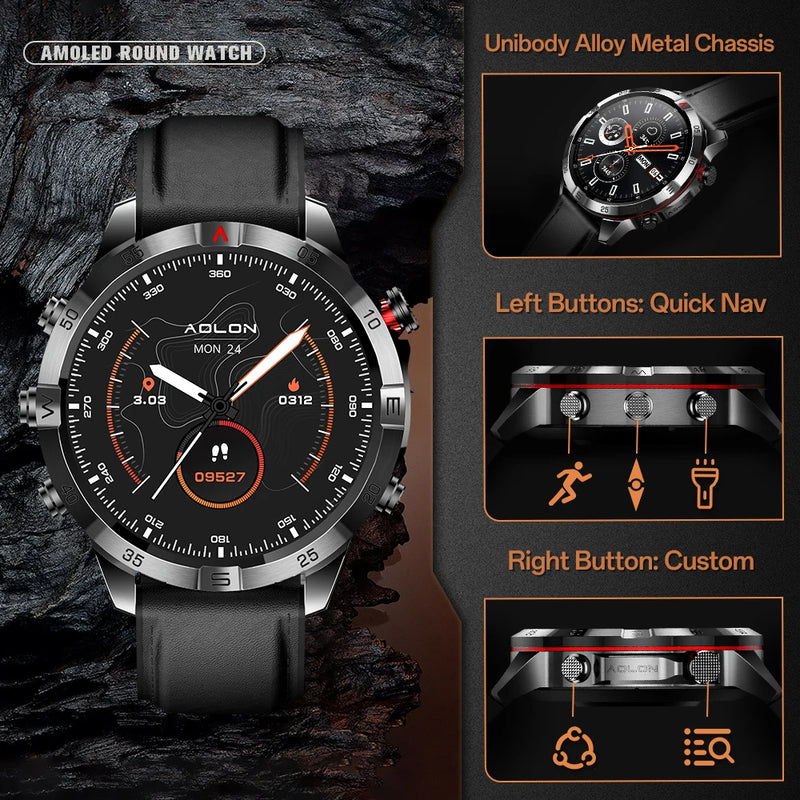 Aolon GT6 PRO Military Smart Watch Compass Flashlight AMOLED Bluetooth Call Smartwatch 1ATM Waterproof For Outdoor Double Strap