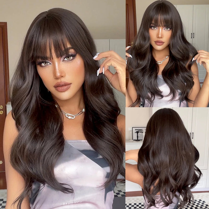 TINY LANA Natural Black Long Wavy Synthetic Wig with Bangs for Women Body Wave Dark Brown Wigs Cosplay Daily Hair Heat Resistant