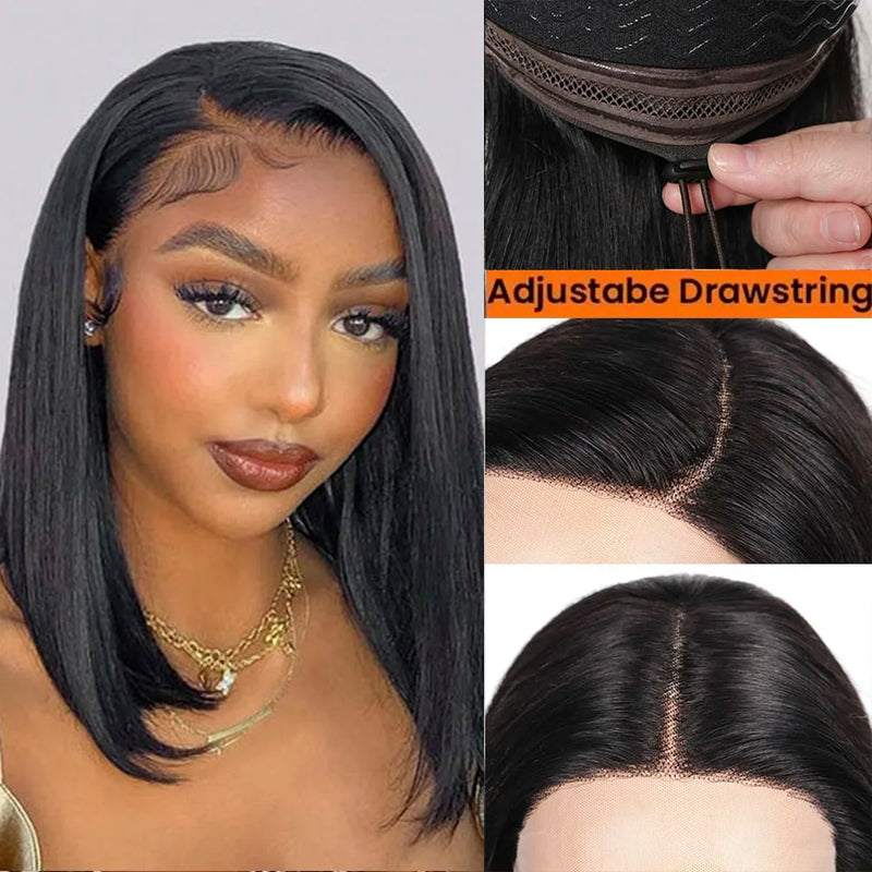 Middle T  Part Short Bob Lace Front Human Hair Wig With Elastic Drawstring Side Part 13x5x2 Lace Wig Straight Bob Brazilian Wigs