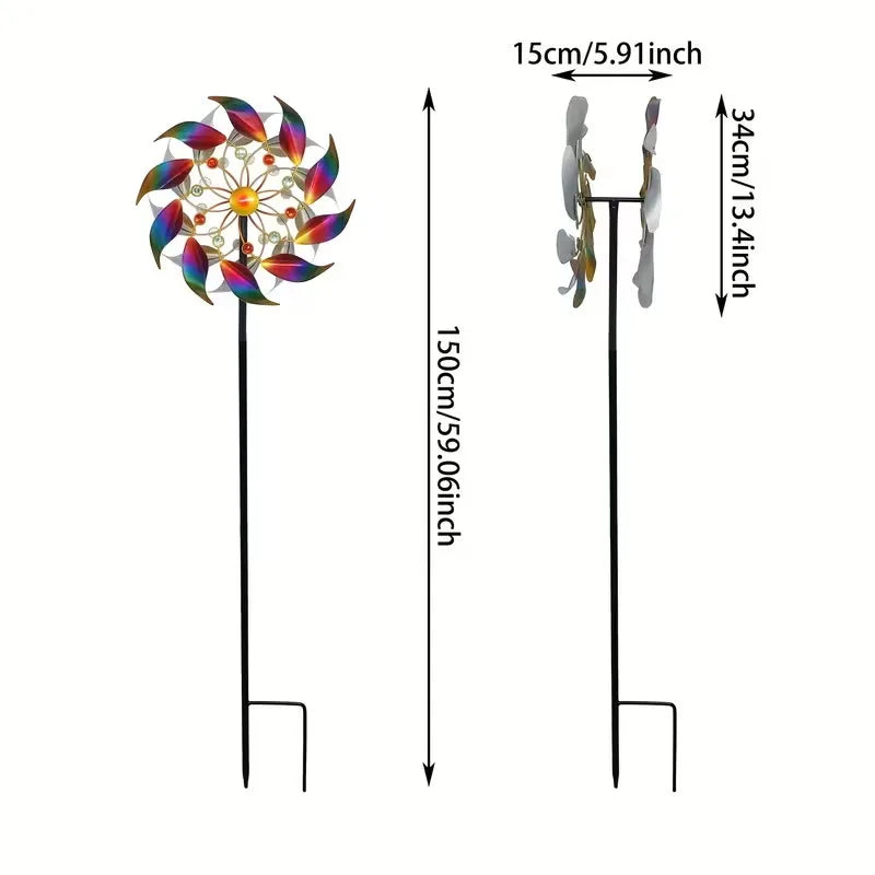 Outdoor double-layer iridescent metal wind spinner with ground stake, for decorating gardens, yards, and lawns, windmill; gift.