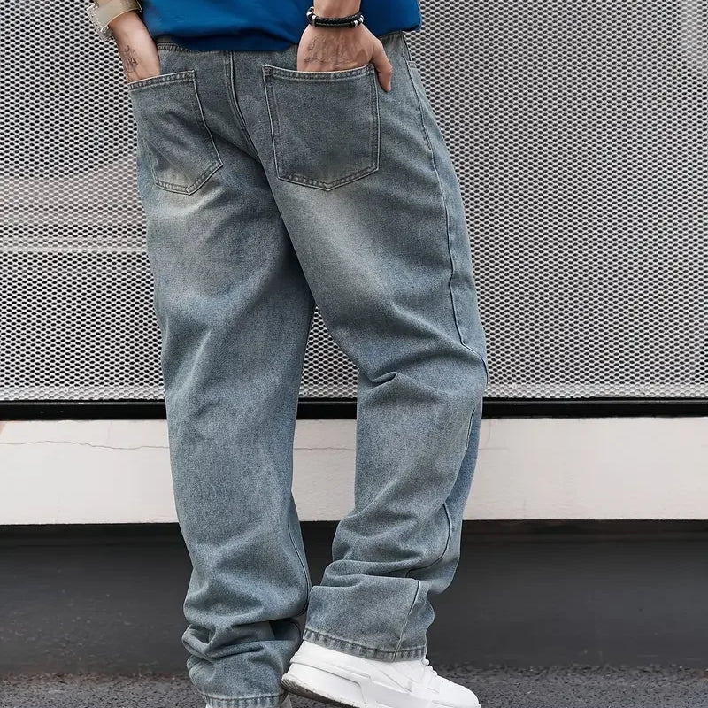 Men'S Casual Straight Wash Jeans - Light Blue, Loose Fit | SAMAG