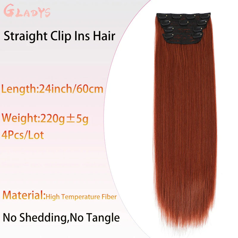 Straight High Temperature Fiber 11 Clips Ins Hair Extensions 24 Inch Orange Brown Synthetic Hair Daily Use Hair Pieces For Women