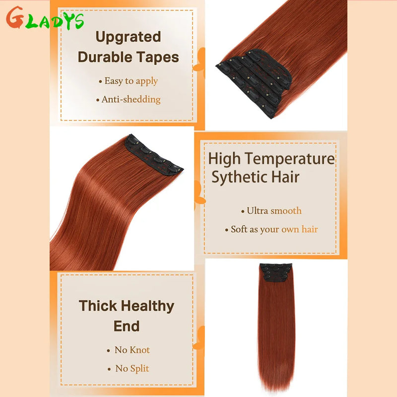 Straight High Temperature Fiber 11 Clips Ins Hair Extensions 24 Inch Orange Brown Synthetic Hair Daily Use Hair Pieces For Women