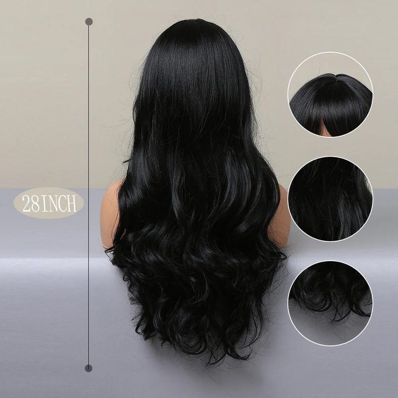 TINY LANA Natural Black Long Wavy Synthetic Wig with Bangs for Women Body Wave Dark Brown Wigs Cosplay Daily Hair Heat Resistant