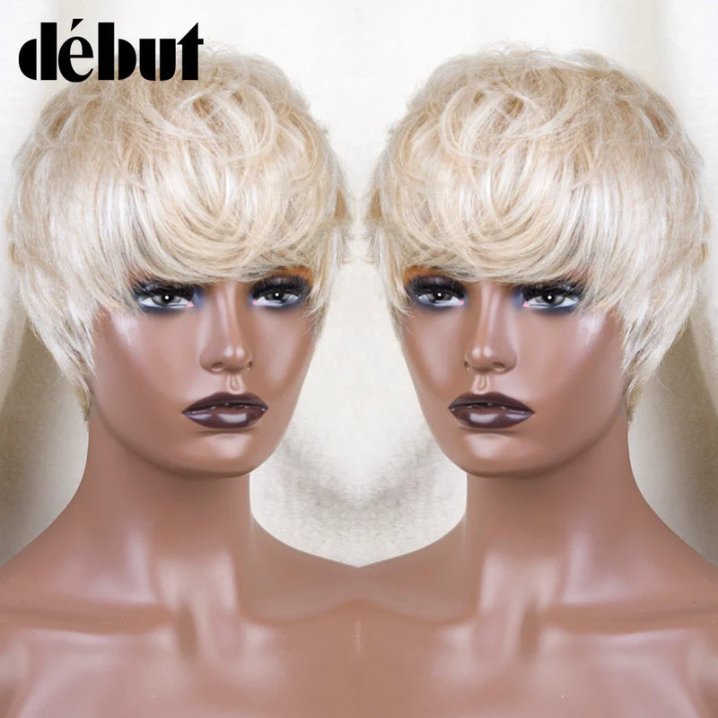 613 Honey Blonde Color Wig Short Bob Pixie Cut Top Lace Transparent Brazilian Human Hair Wig With Bangs For Black Women