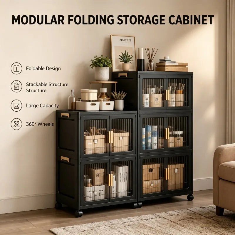 2/3/4/5-tier modular foldable stackable storage cabinets, no-assembly foldable storage boxes with vertical transparent double doors and gold handles, 360° swivel casters, perfect for office, living room, studio, classroom, g