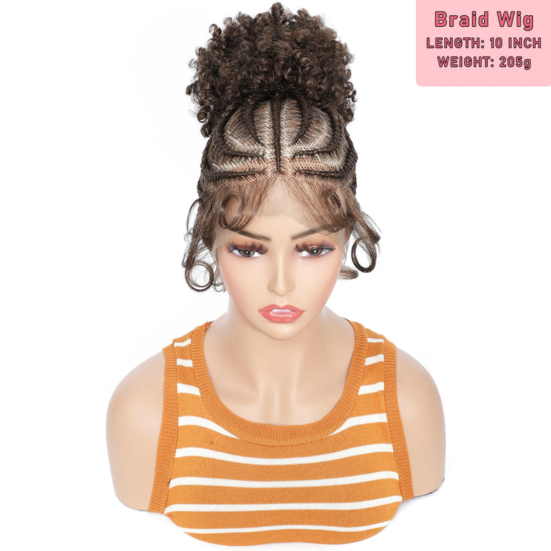 Synthetic Braided Wig with Buns Full Lace Cornrow Braids Wig for Black Women Frontal Braiding Wigs with Ponytail 10 inches
