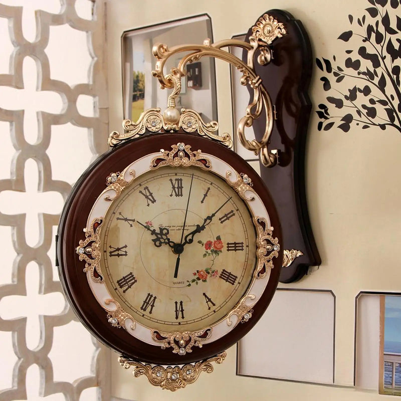 Double Sided Wall Clock Decorative Easy to Read Round Quiet European Style Hanging Clock for Home Office Villa Kitchen Bar Porch