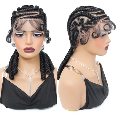 16Inch Synthetic 100% Hand-tied Full Lace Cornrow Braided Wigs Lace Braiding Wigs with Baby Hair for Black Women