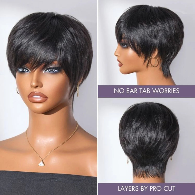 Human Hair Glueless Wigs Pixie Cut Short Wigs with Bangs Ultra Soft&Comfortable Cotton Cap Hair Trouble Friendly Wigs